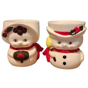VTG Lefton Ceramic Snowman Couple Planter Cups Mugs Set Christmas Holiday Decor